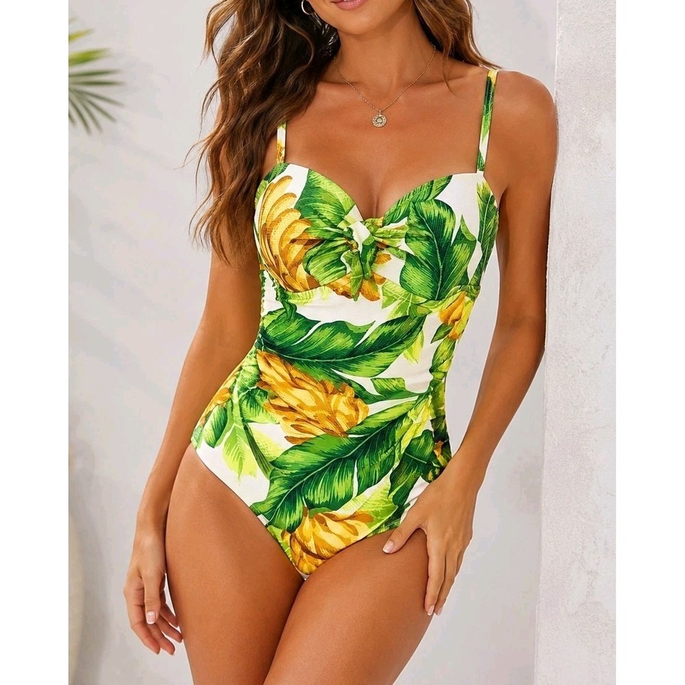 Kona Sol Women's One Piece Swimsuit M Tropical Floral Underwire Tie Front